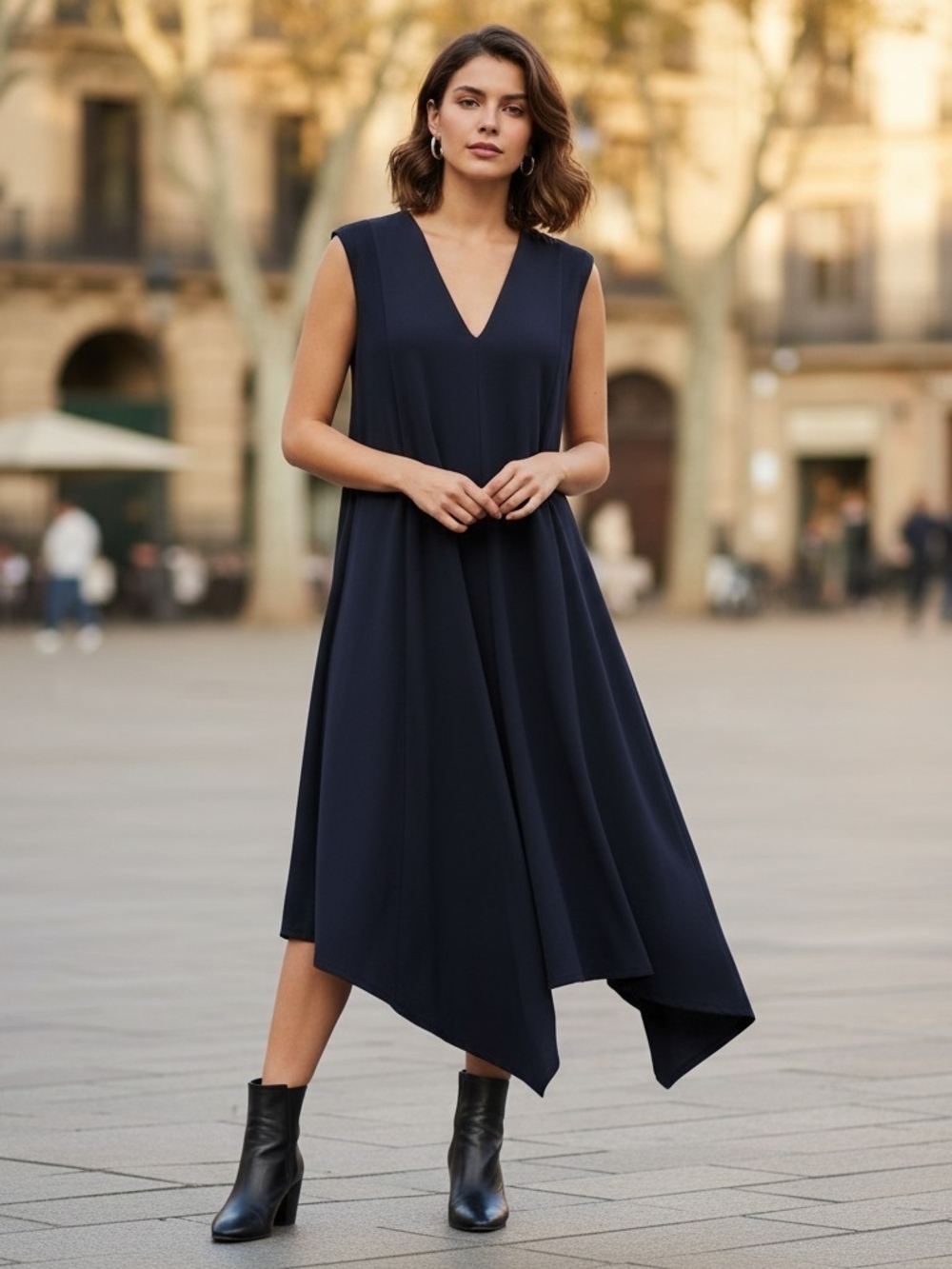 NWT Joseph Ribkoff Asymmetric Handkerchief Trapeze Dress Midnight Blue Size 10